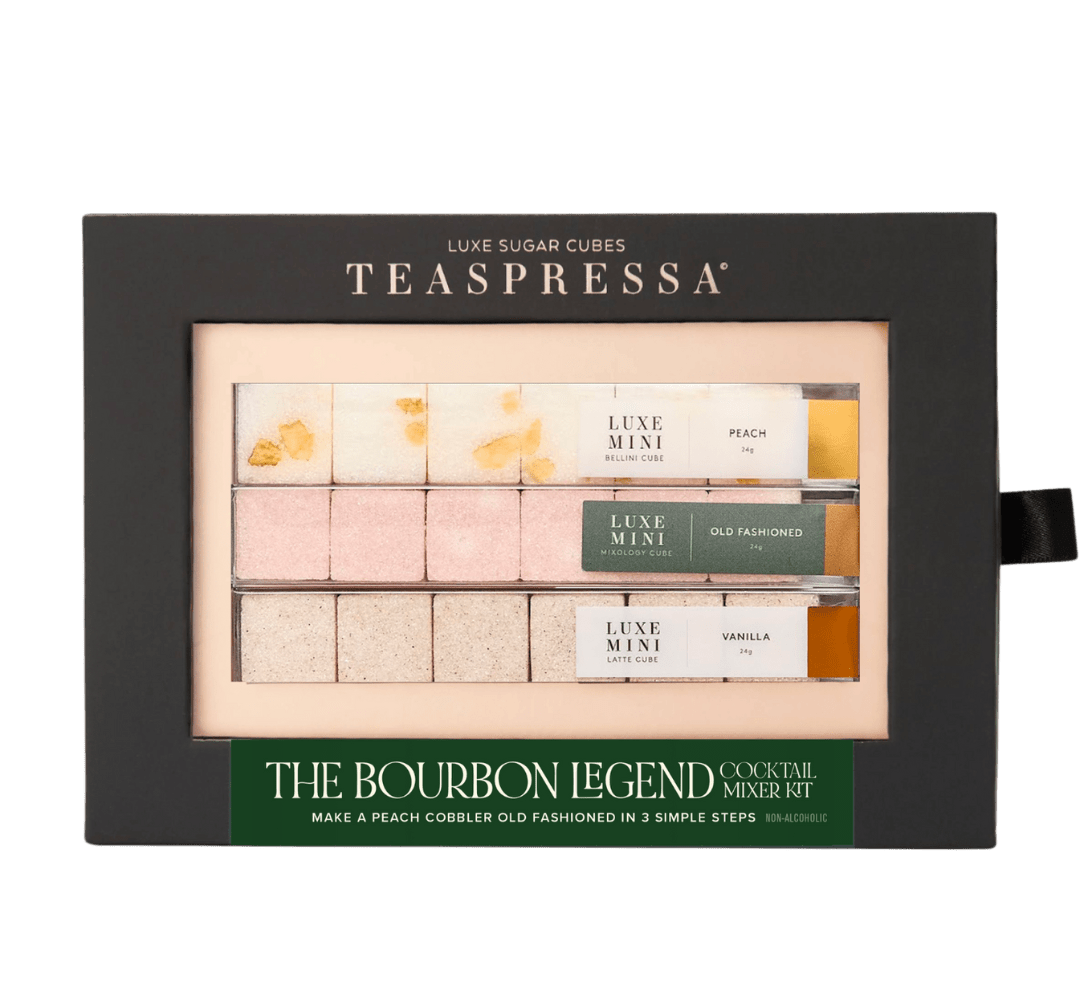 TEASPRESSA | LUXE Mixer Cube - The Bourbon Legend Peach Cobbler Old Fashioned Mixer Kit (Black Box) - DWELL by CM