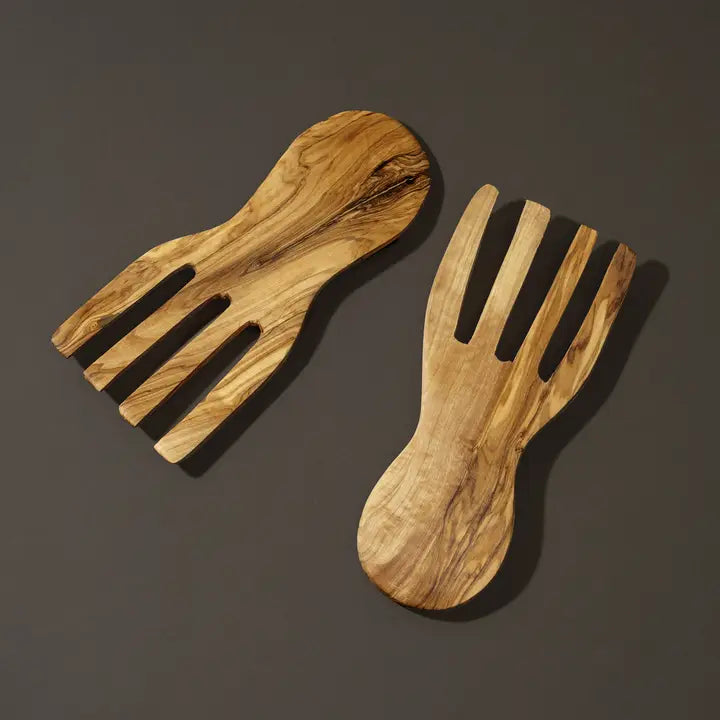 Olive Wood Salad Servers Flat Forks Set